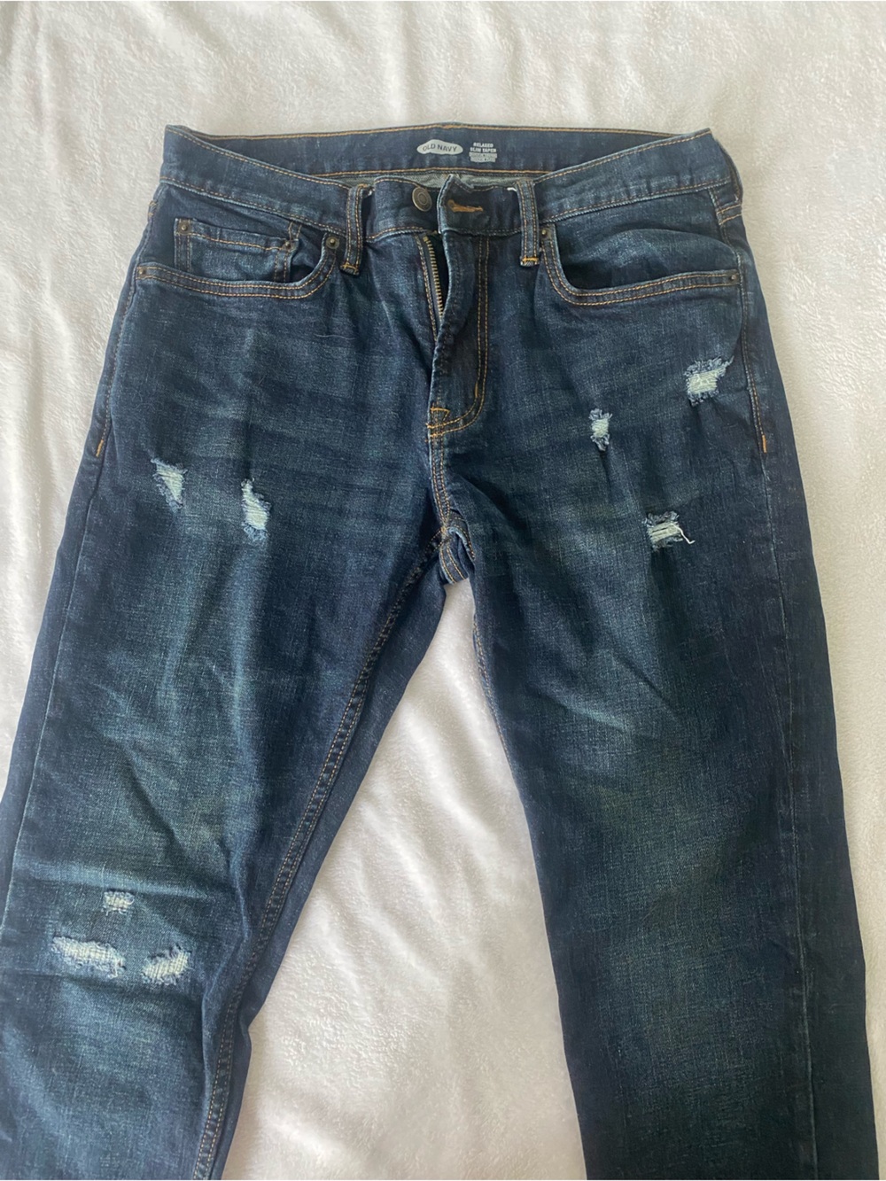 Old Navy Men's Slim Straight Distressed Dark Blue Jeans